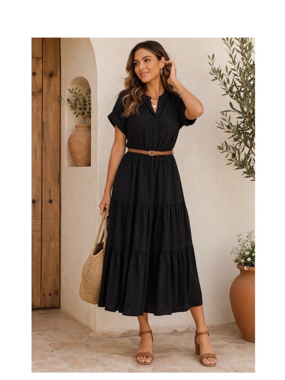 Bohme Amanda Black Tiered Short Sleeve BOHO Cottagecore Prairie Midi Dress